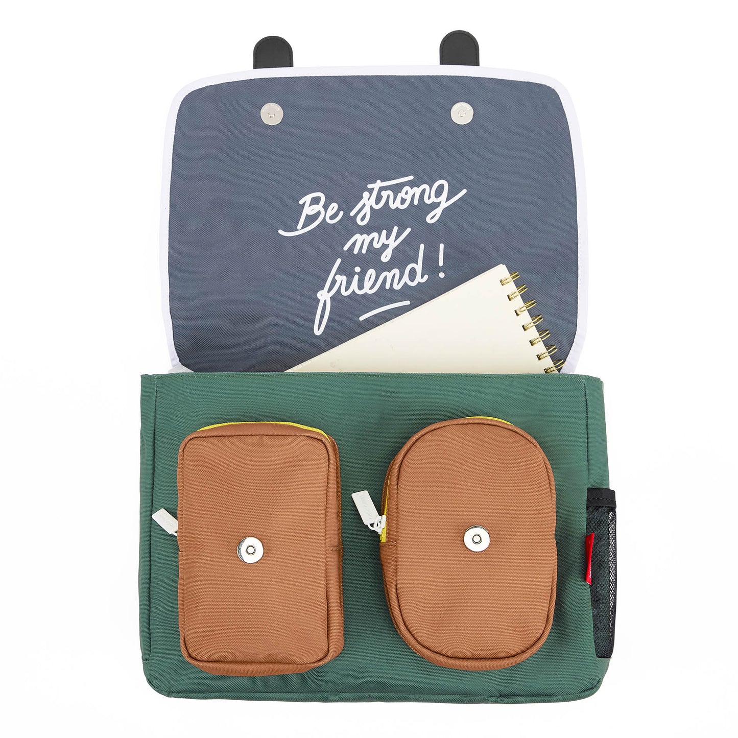 Green children's schoolbag with brown pockets press-stud closure Hello Hossy
