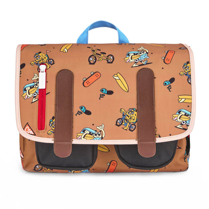 Brown children's schoolbag mascots bikes pattern Hello Hossy