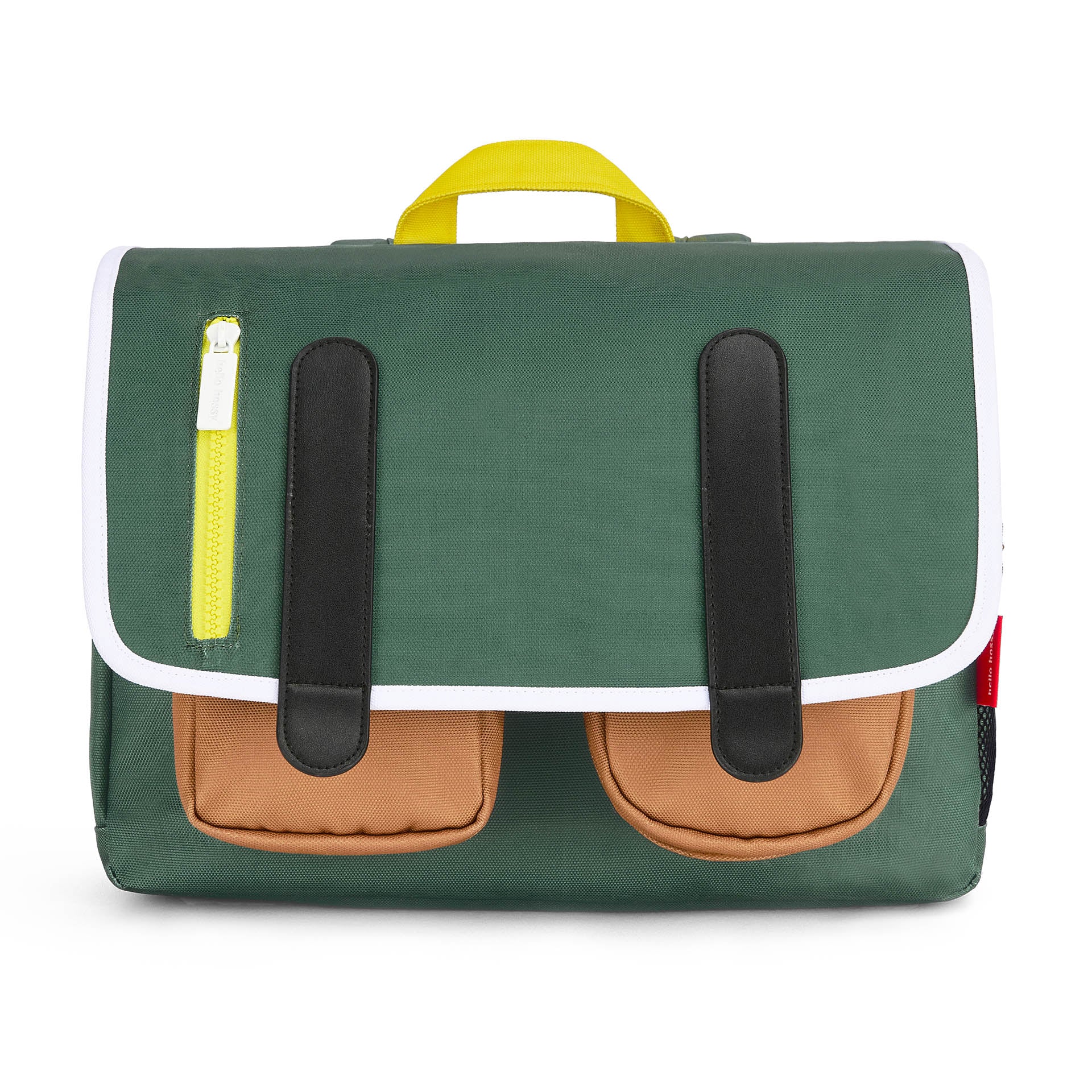 Green children's schoolbag brown pockets yellow closure Hello Hossy