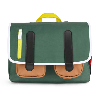 Green children's schoolbag brown pockets yellow closure Hello Hossy