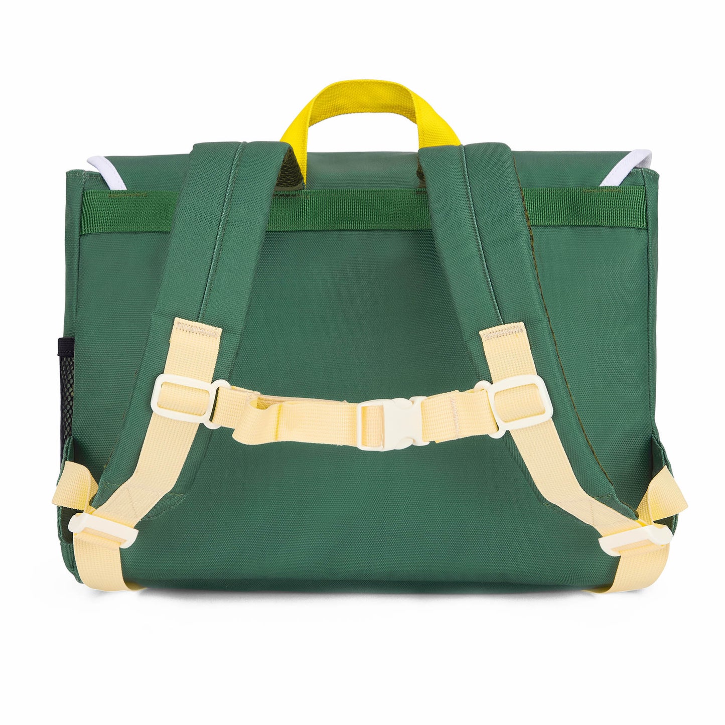 Green children's backpack adjustable straps yellow handle Hello Hossy