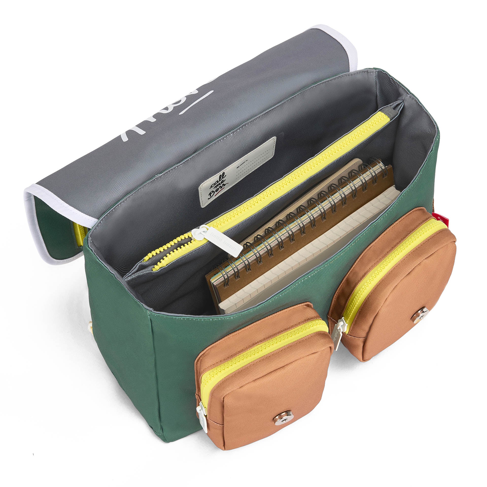 Green children's schoolbag brown yellow pockets Hello Hossy