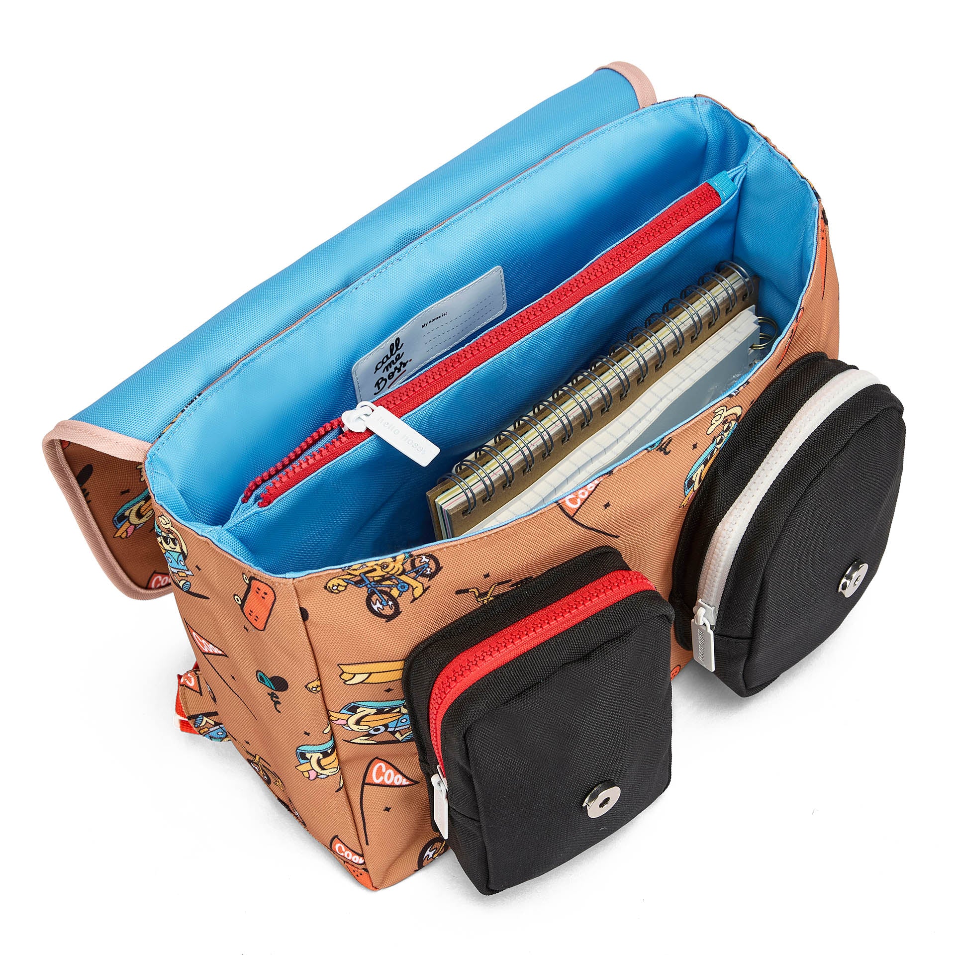Brown children's schoolbag patterned mascots bikes print front pockets Hello Hossy