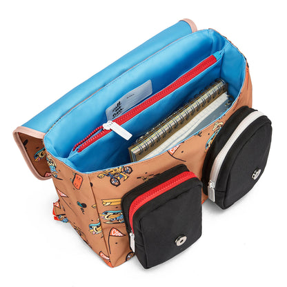 Brown children's schoolbag patterned mascots bikes print front pockets Hello Hossy