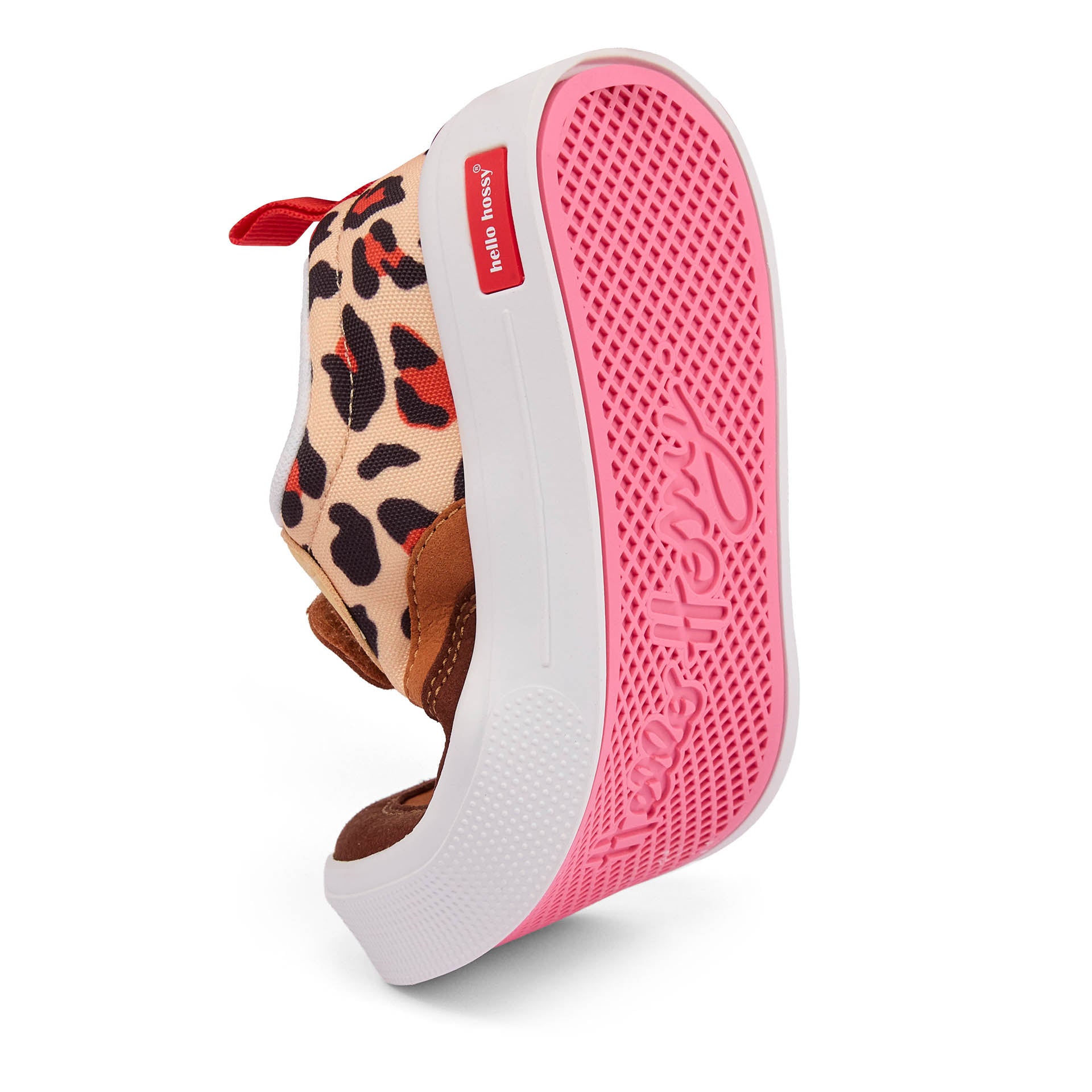 Sneakers enfant crème marron imprimé léopard semelle rose souple Hello Hossy