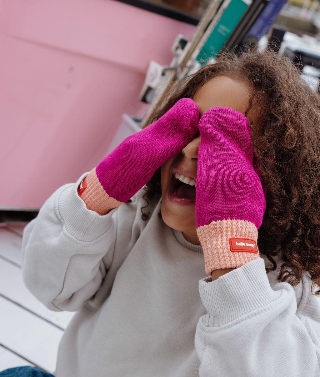 Kids purple Orange mittens ribbed fleece trim Hello Hossy