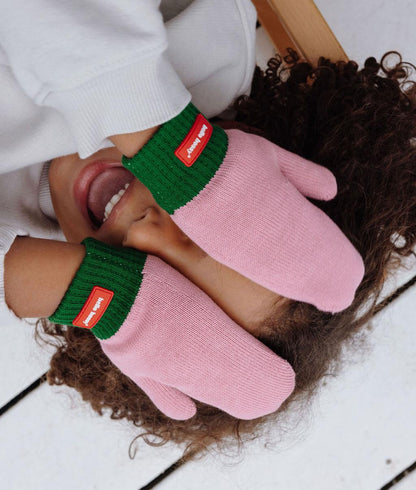 Children's two-tone pink green knit mittens red label Hello Hossy