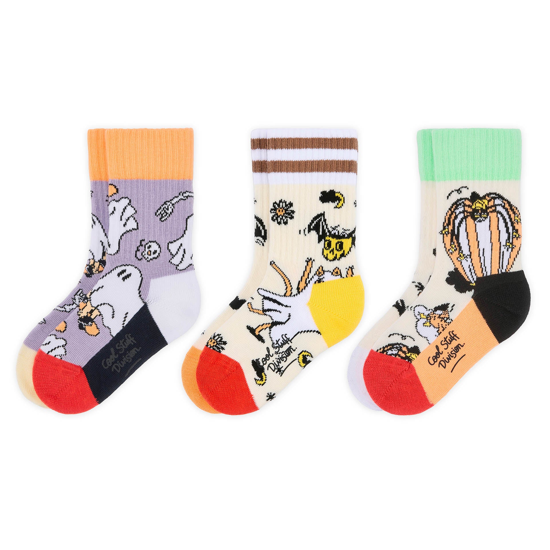 Children's socks with Halloween patterns in assorted colours and red toe Hello Hossy