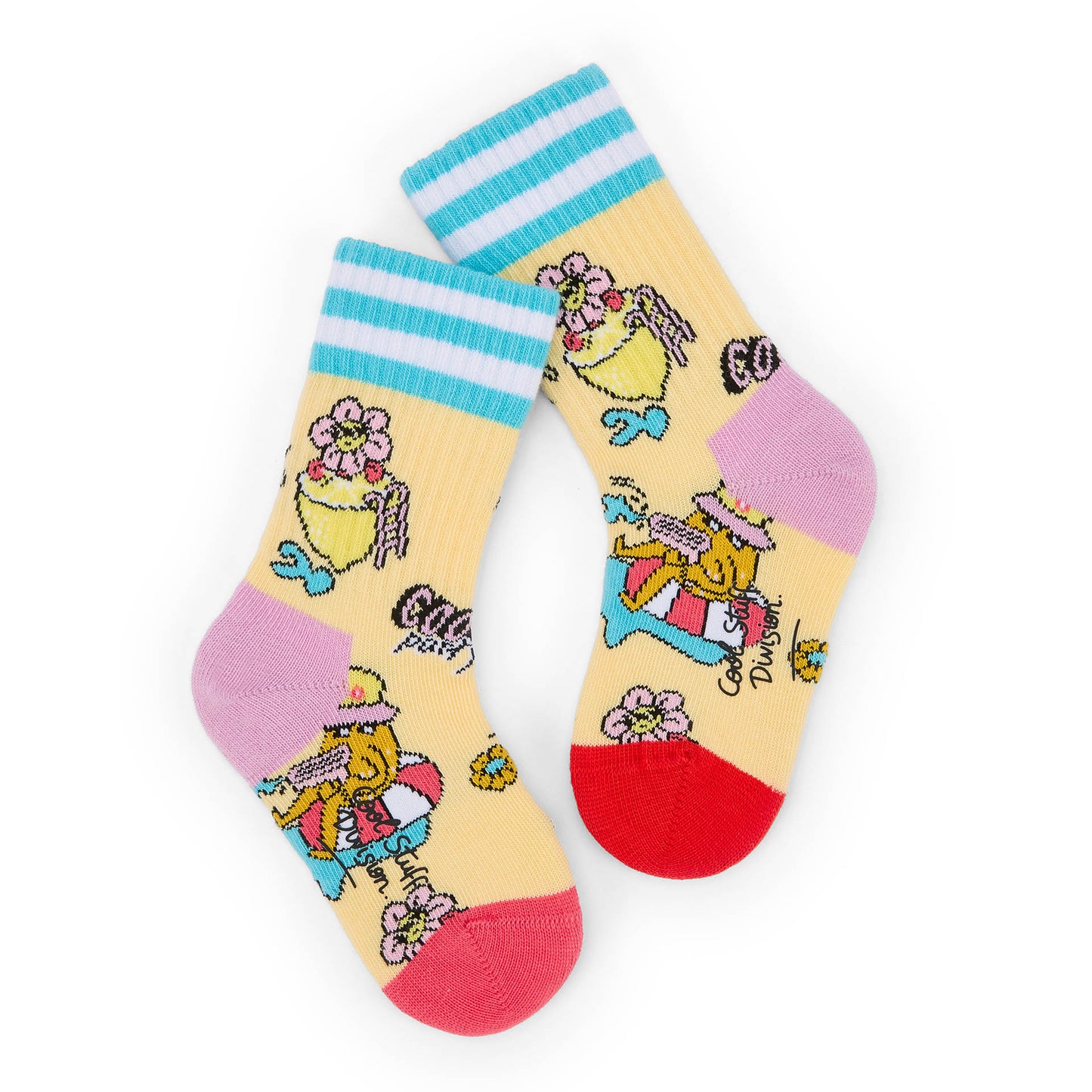 Children's yellow socks flowers and red and blue character patterns Hello Hossy