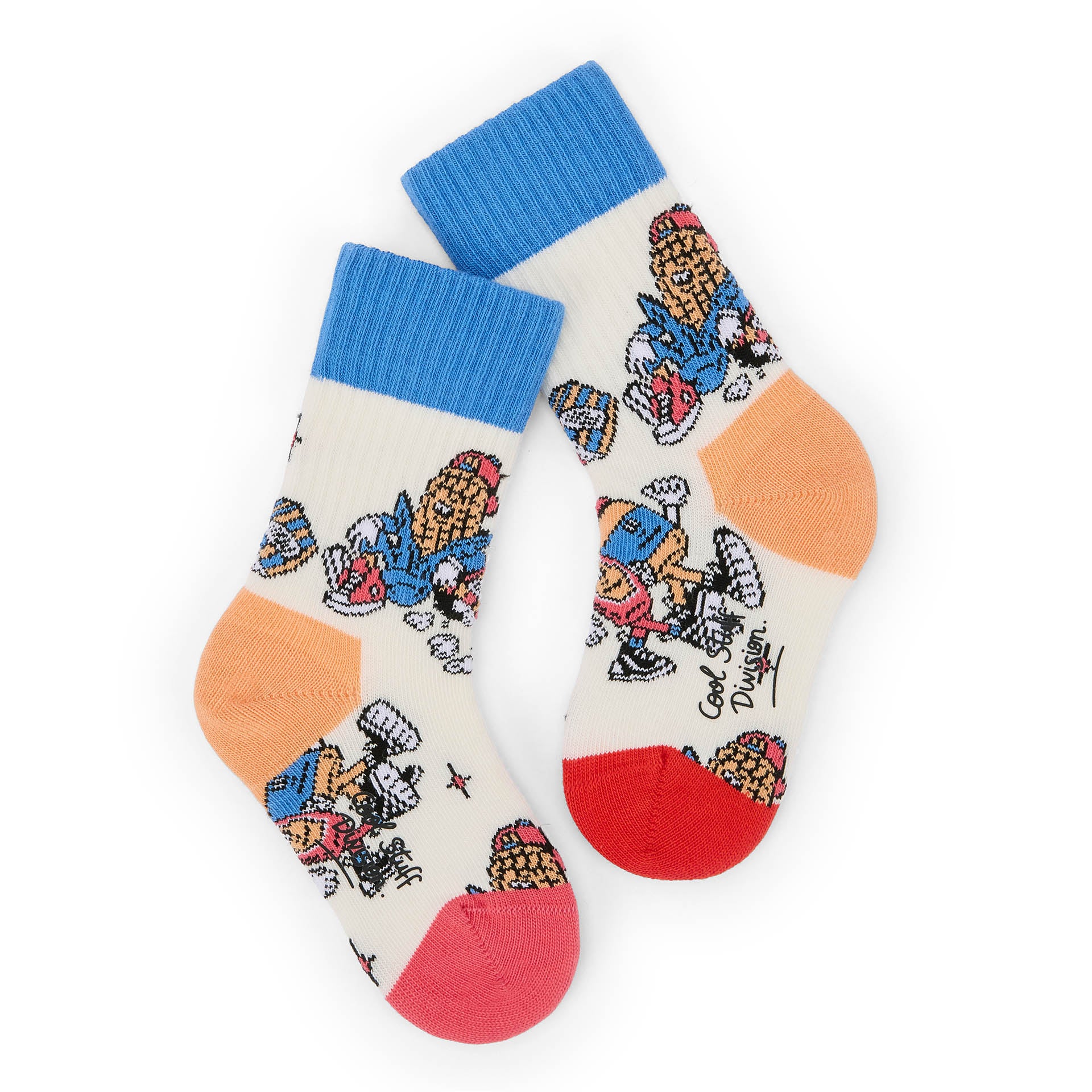 Kids' socks mascots pattern blue red and Orange Hello Hossy