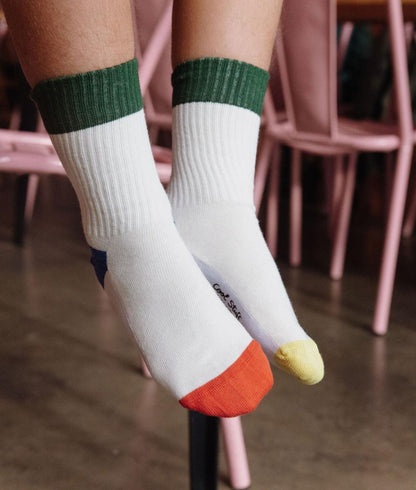 Children's socks white green trim Orange yellow tips Hello Hossy