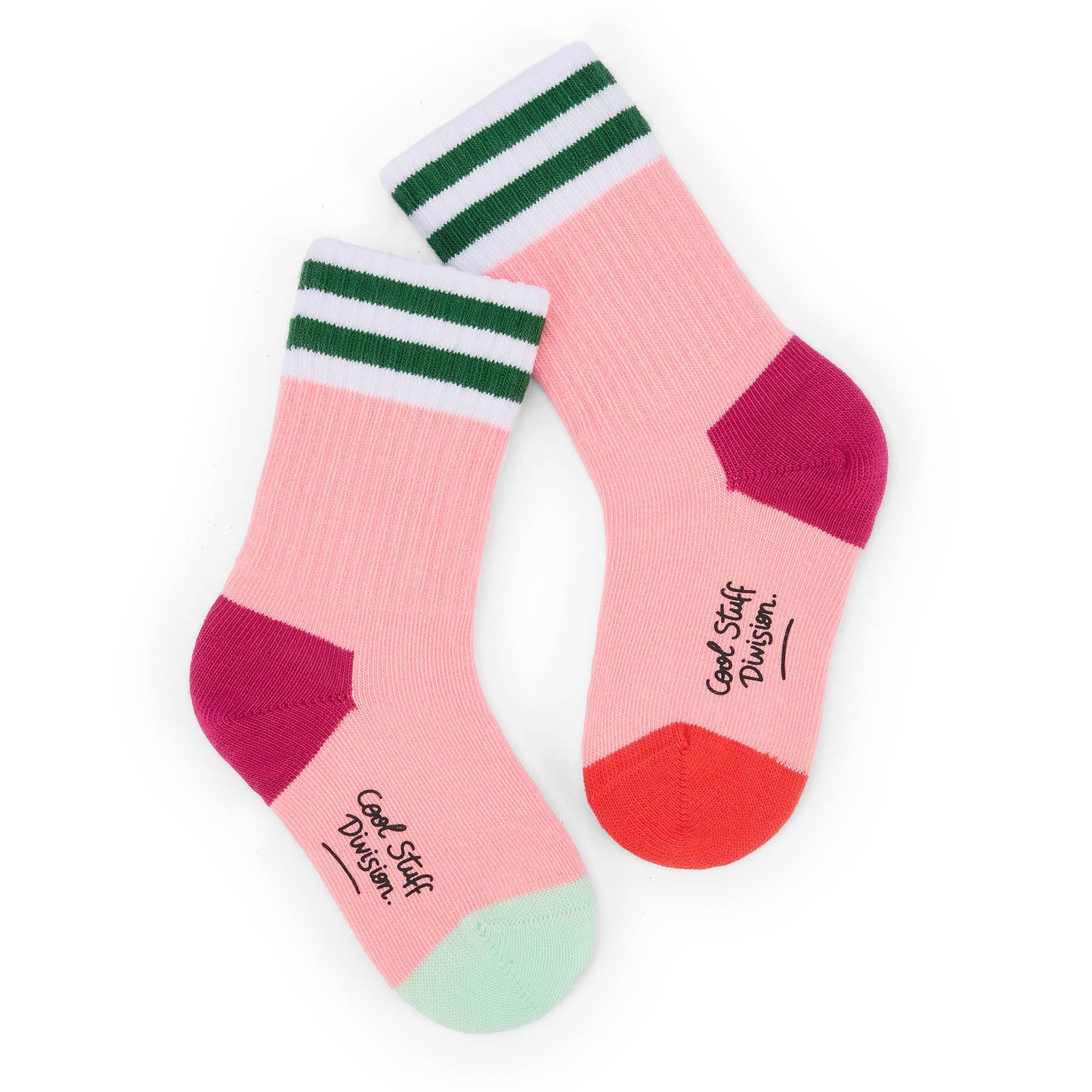 Children's pink socks green stripes coloured heels and toes Hello Hossy