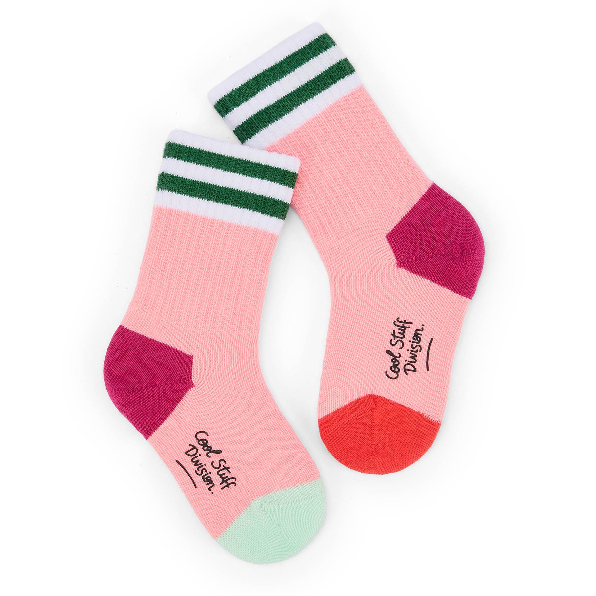 Children's pink socks green stripes coloured heels and toes Hello Hossy