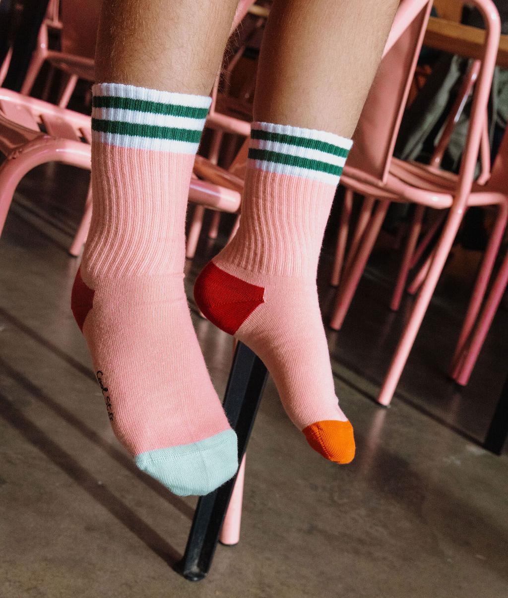 Children's pink stripes green socks Orange and blue tips Hello Hossy