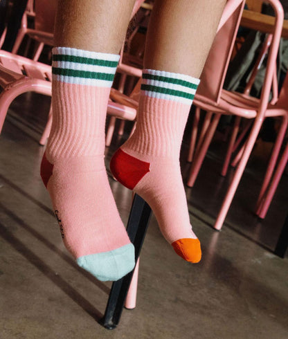 Children's pink stripes green socks Orange and blue tips Hello Hossy