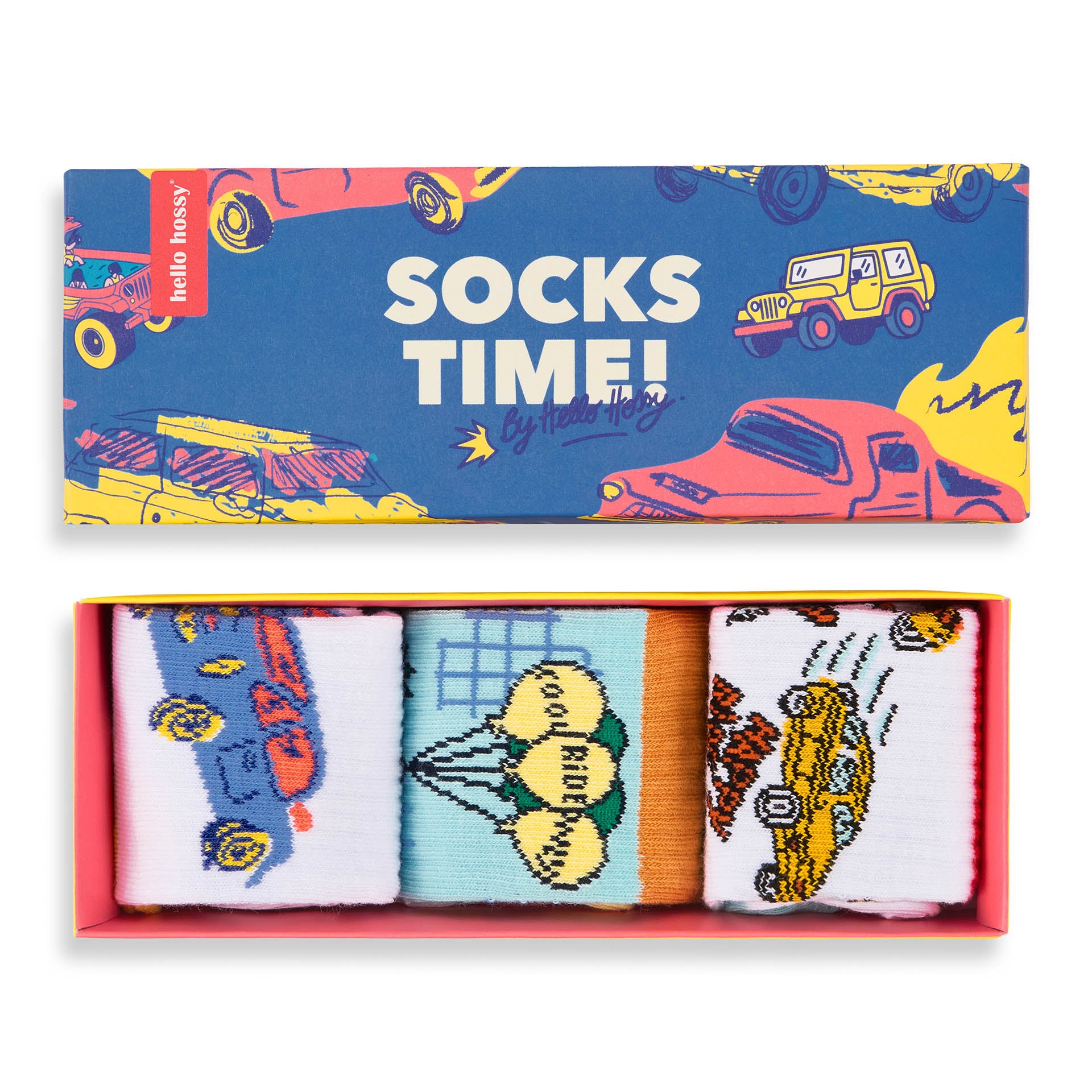 Pack de 3 paires de chaussettes pour enfant à motifs voitures dans leur coffret – vue du dessus