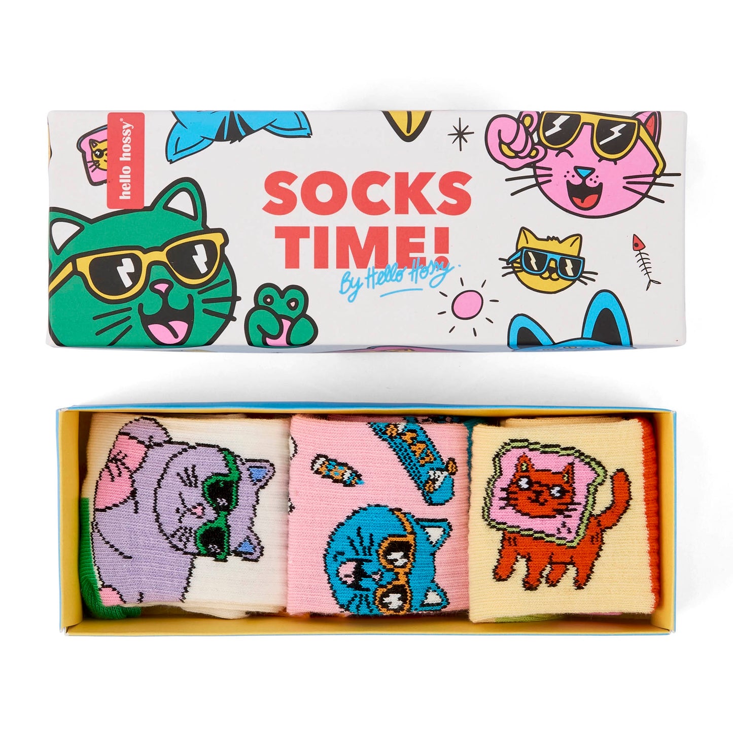 Pack de 3 paires de chaussettes pour enfant à motifs chats dans leur coffret – vue du dessus