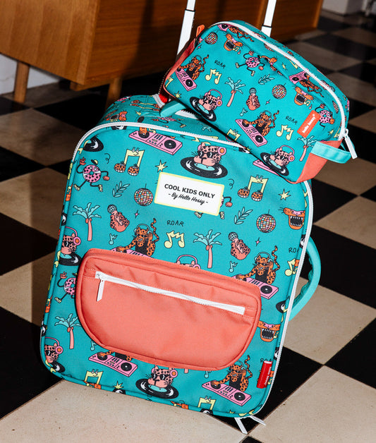 Valise enfant vert motif musique trousse assortie Hello Hossy