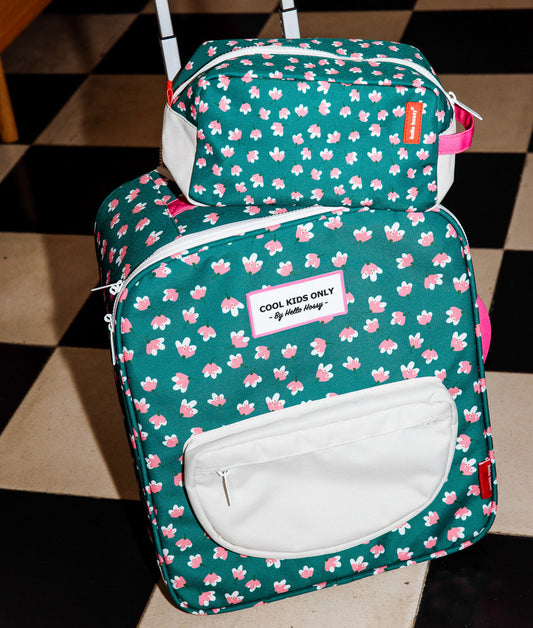 Valise enfant vert motif fleurs trousse assortie Hello Hossy