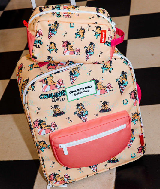 Valise enfant imprimé licornes pêche poche corail trousse assortie Hello Hossy
