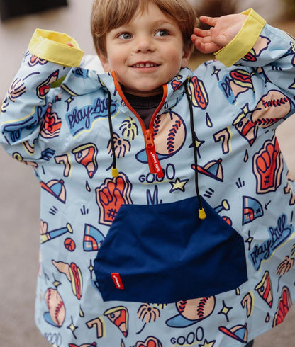 Kids' rain poncho light blue baseball pattern front blue pocket Hello Hossy