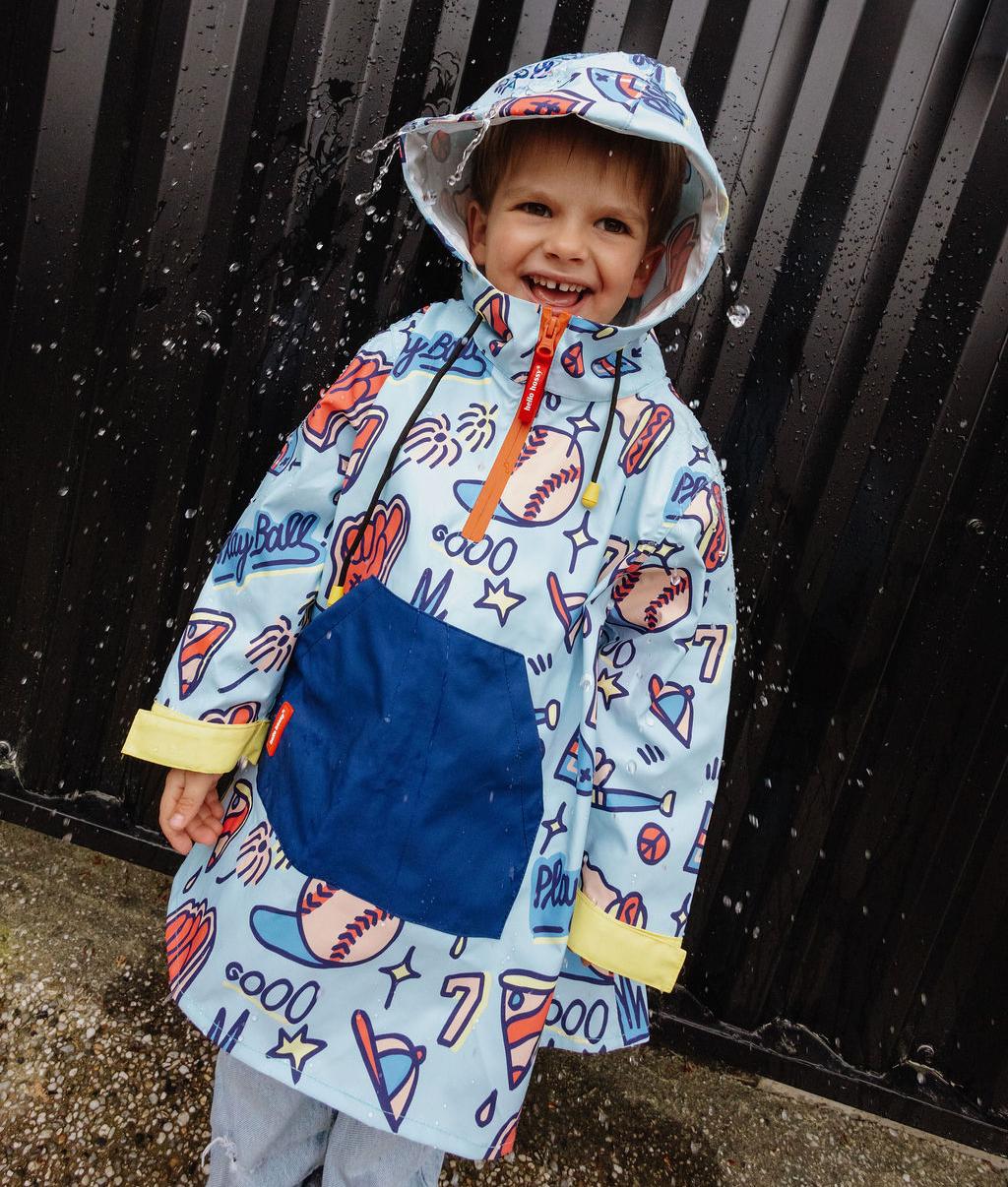 Children's blue Sport pattern rain poncho large front pocket Hello Hossy