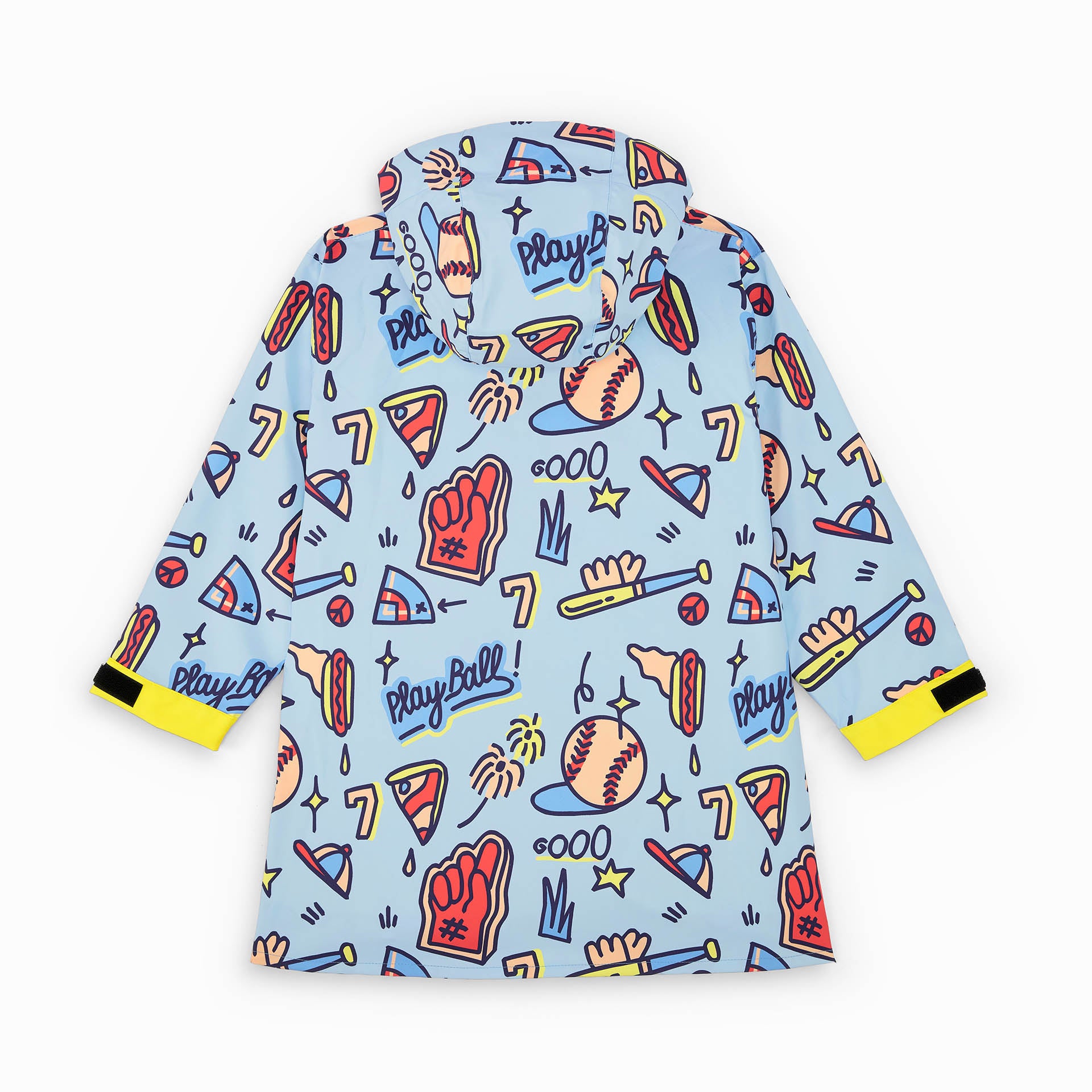 Children's blue patterned Sport baseball rain poncho yellow pockets Hello Hossy