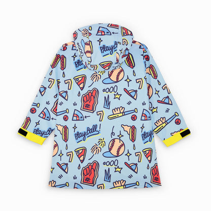 Children's blue patterned Sport baseball rain poncho yellow pockets Hello Hossy