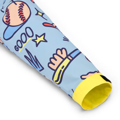 Kids' rain poncho sleeve blue baseball pattern yellow cuff Hello Hossy