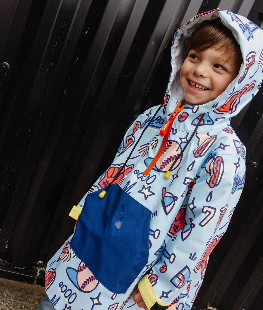 Kids' rain poncho blue Sport patterned large pocket hood Hello Hossy