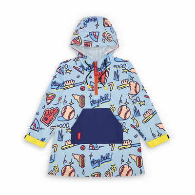Kids' rain poncho blue baseball patterned front blue pocket Hello Hossy