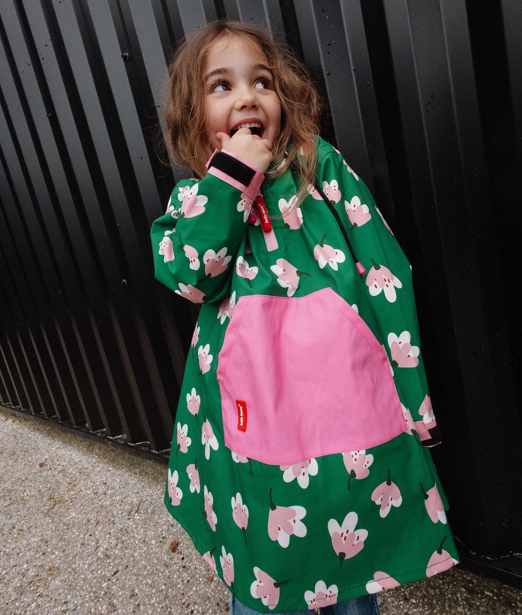 Children's green patterned flowers rain poncho pink pocket Hello Hossy