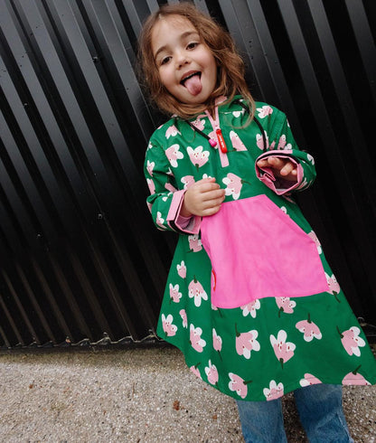 Children's poncho green flower pattern pink pocket hood Hello Hossy