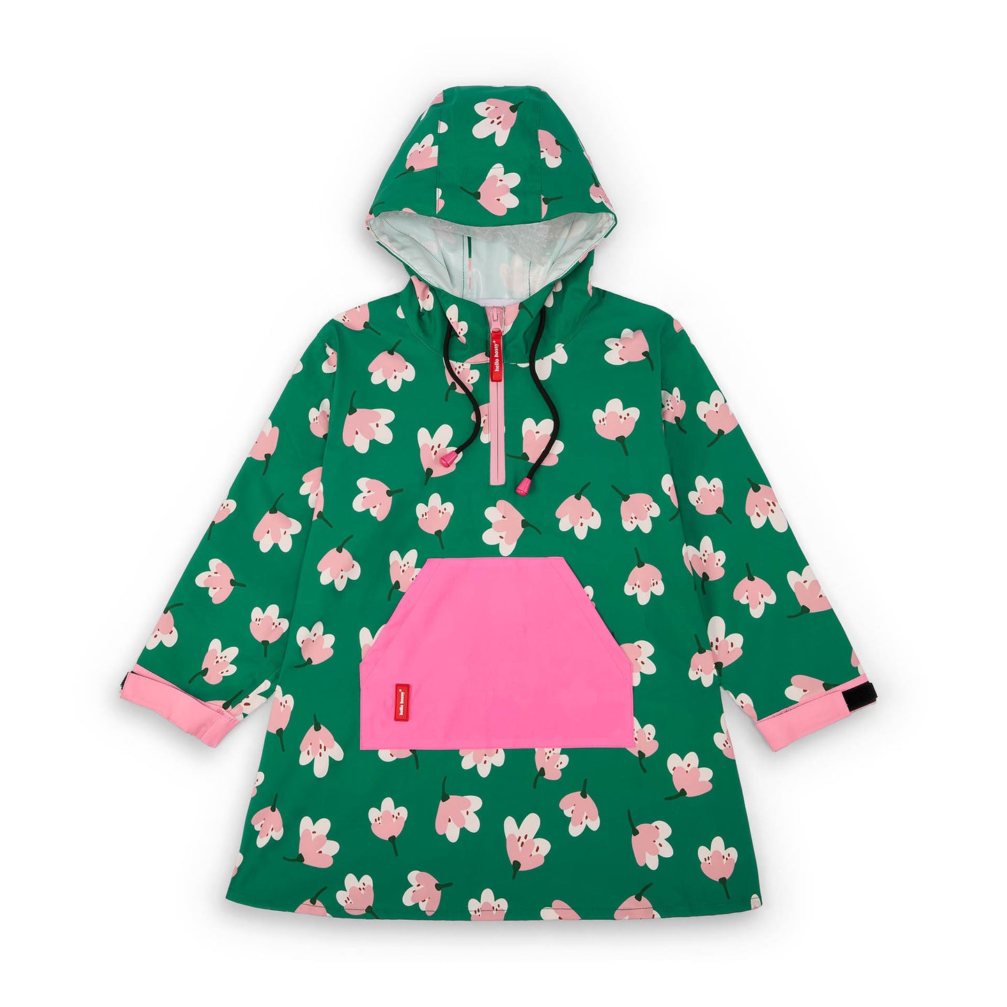 Children's green patterned flowers rain poncho pink pocket adjustable hood Hello Hossy
