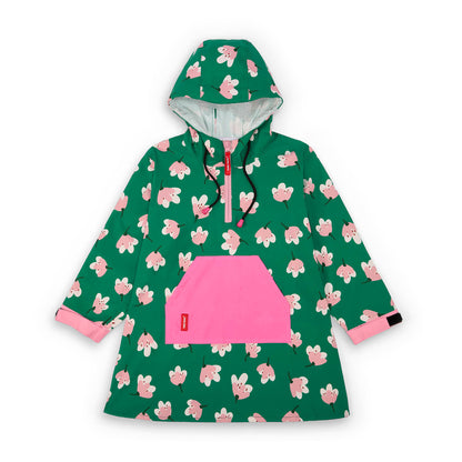 Children's green patterned flowers rain poncho pink pocket adjustable hood Hello Hossy
