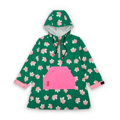 Children's green patterned flowers rain poncho pink pocket adjustable hood Hello Hossy