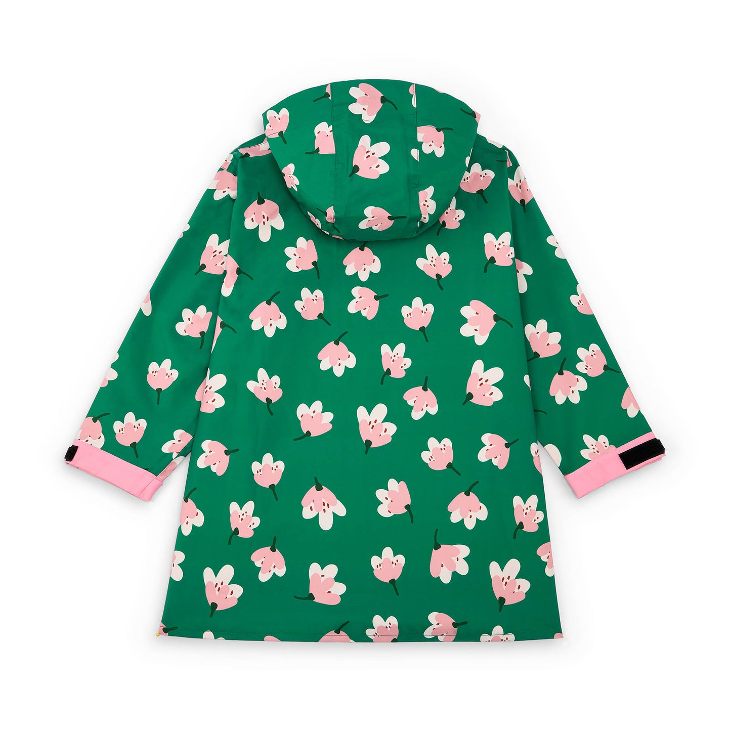 Children's green patterned flowers rain poncho pockets hood Hello Hossy