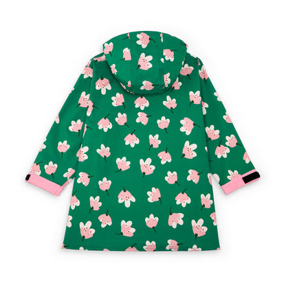 Children's green patterned flowers rain poncho pockets hood Hello Hossy