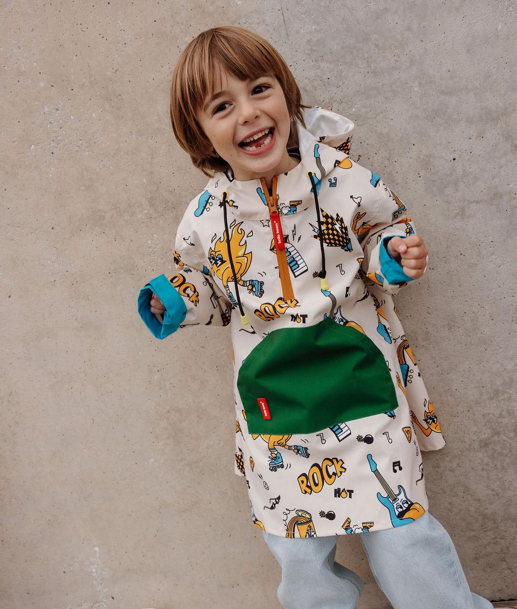 Children's cream rain poncho music patterns green pocket Hello Hossy