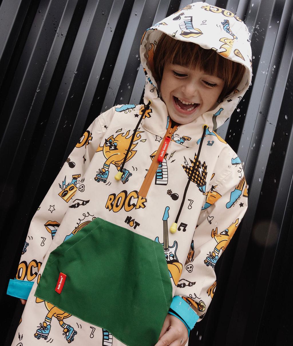 Children's cream music-patterned rain poncho green pocket hood Hello Hossy