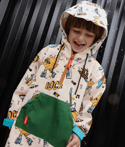Children's cream music-patterned rain poncho green pocket hood Hello Hossy