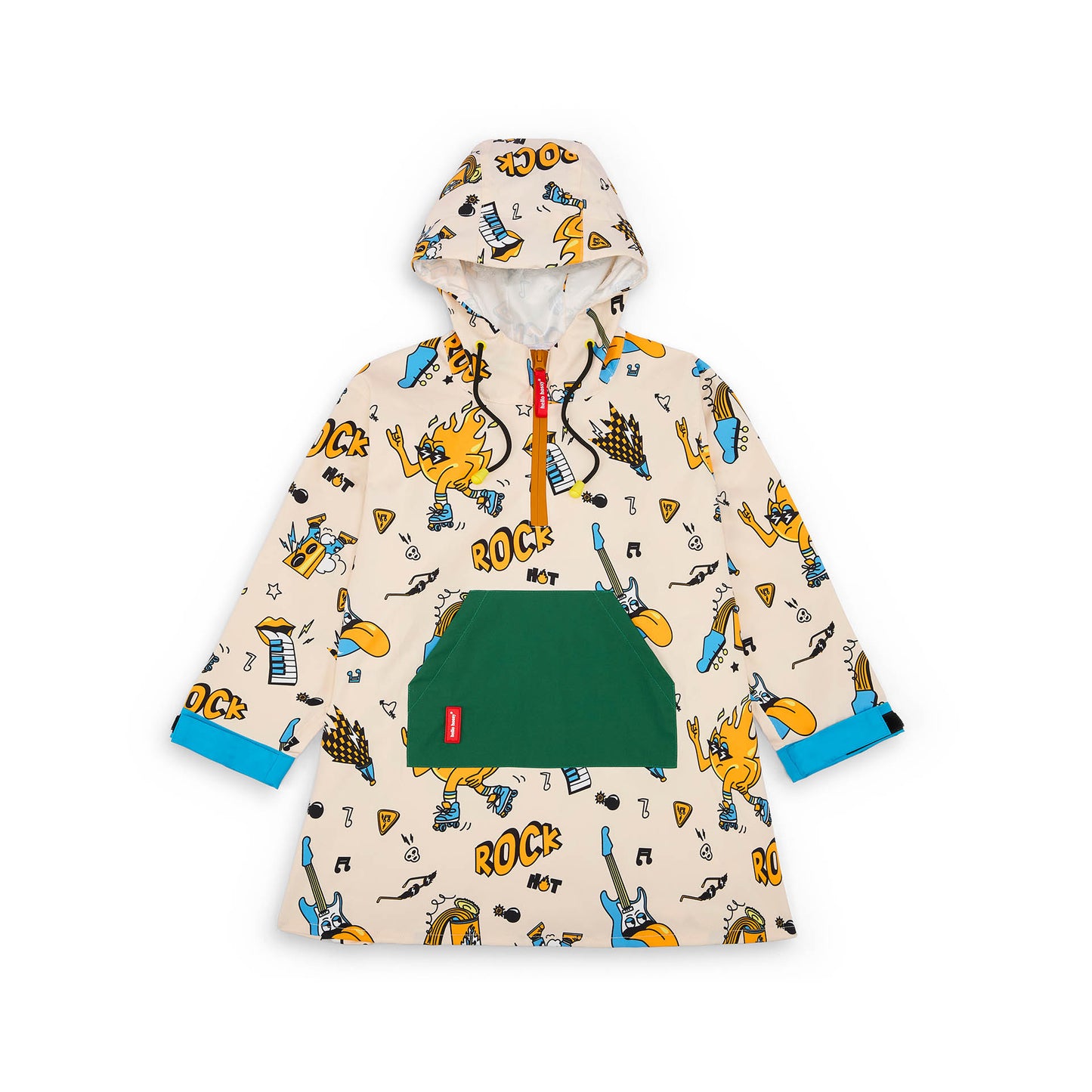 Children's cream music-patterned rain poncho green kangaroo pocket Hello Hossy