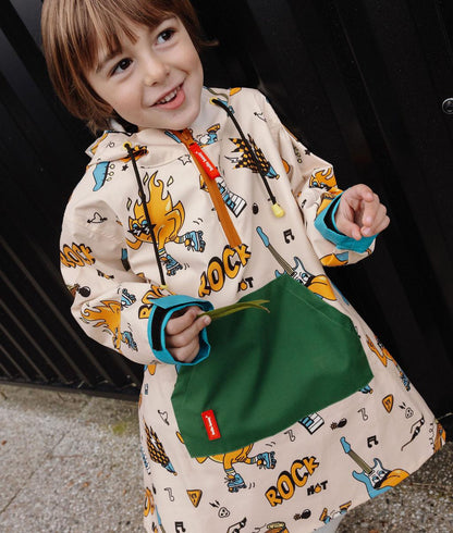 Children's cream rain poncho music patterns green pocket Hello Hossy