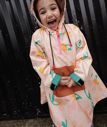 Children's rain poncho pink flower pattern Camel green Hello Hossy