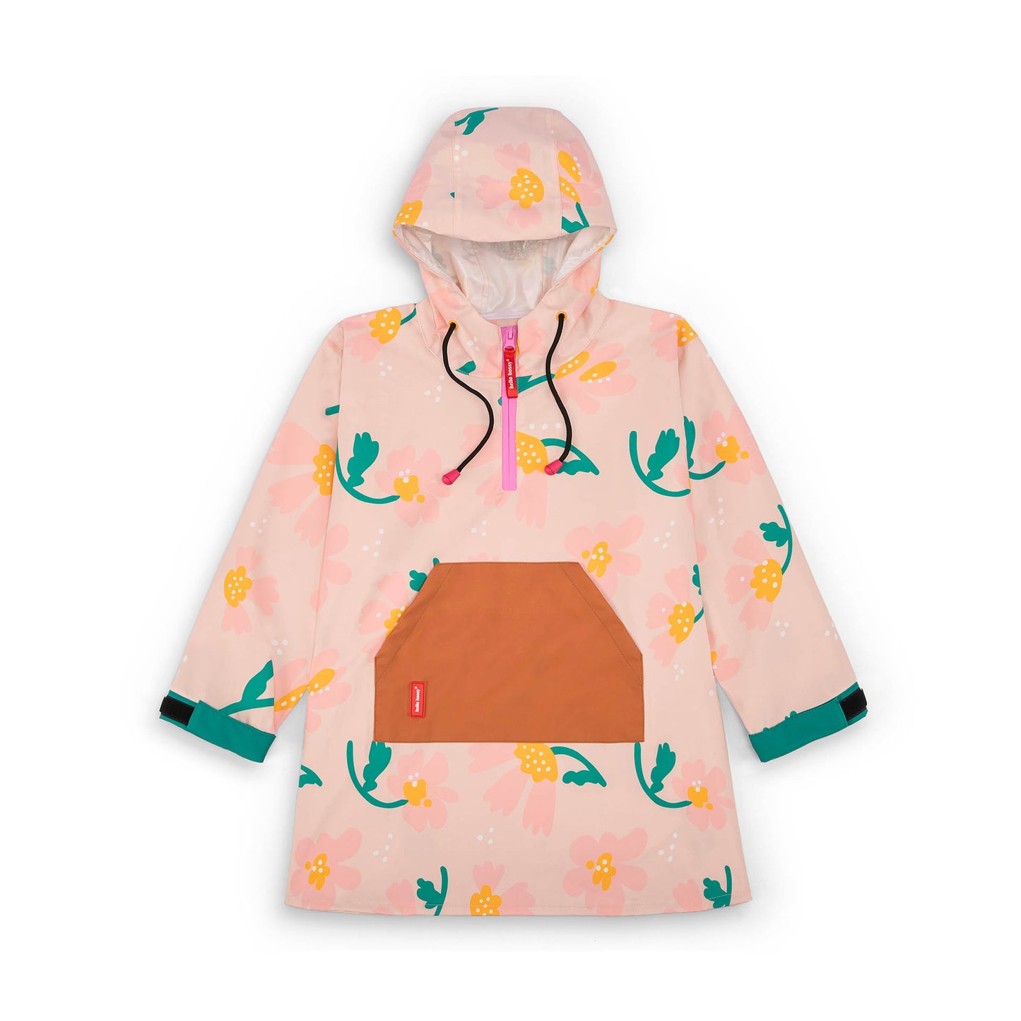 Children's rain poncho pink flower pattern Camel pocket Hello Hossy