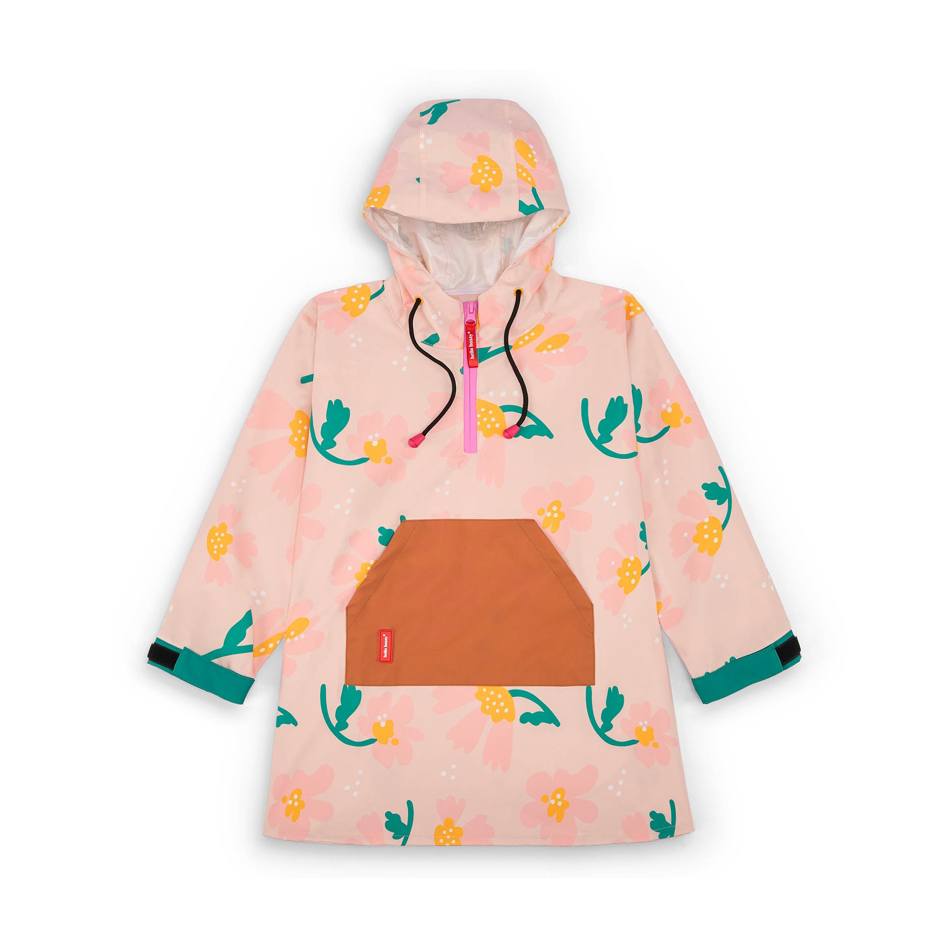 Children's rain poncho pink flower pattern Camel pocket Hello Hossy