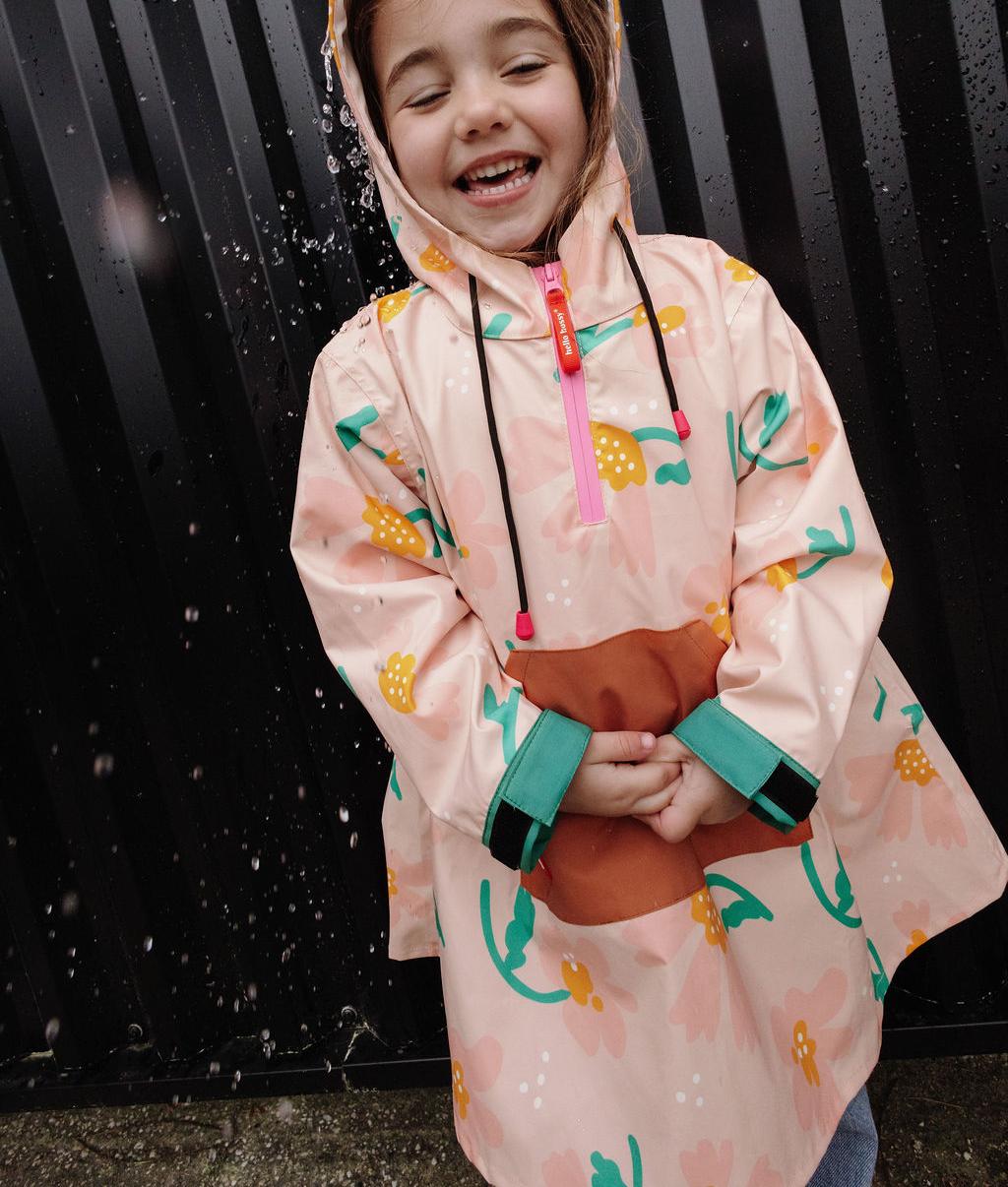 Children's pink Camel green rain poncho with flower pattern and hood Hello Hossy