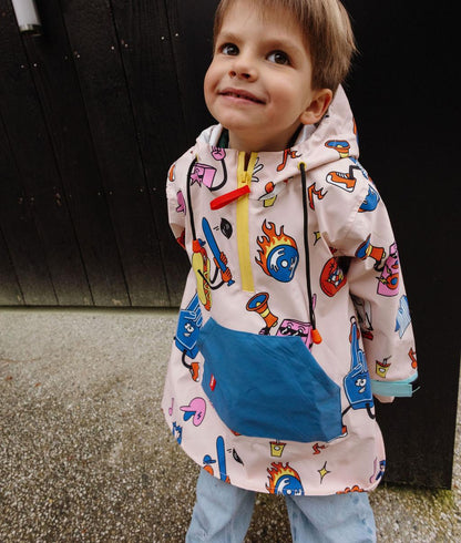 Children's cream patterned Sport red and blue rain poncho blue pocket Hello Hossy