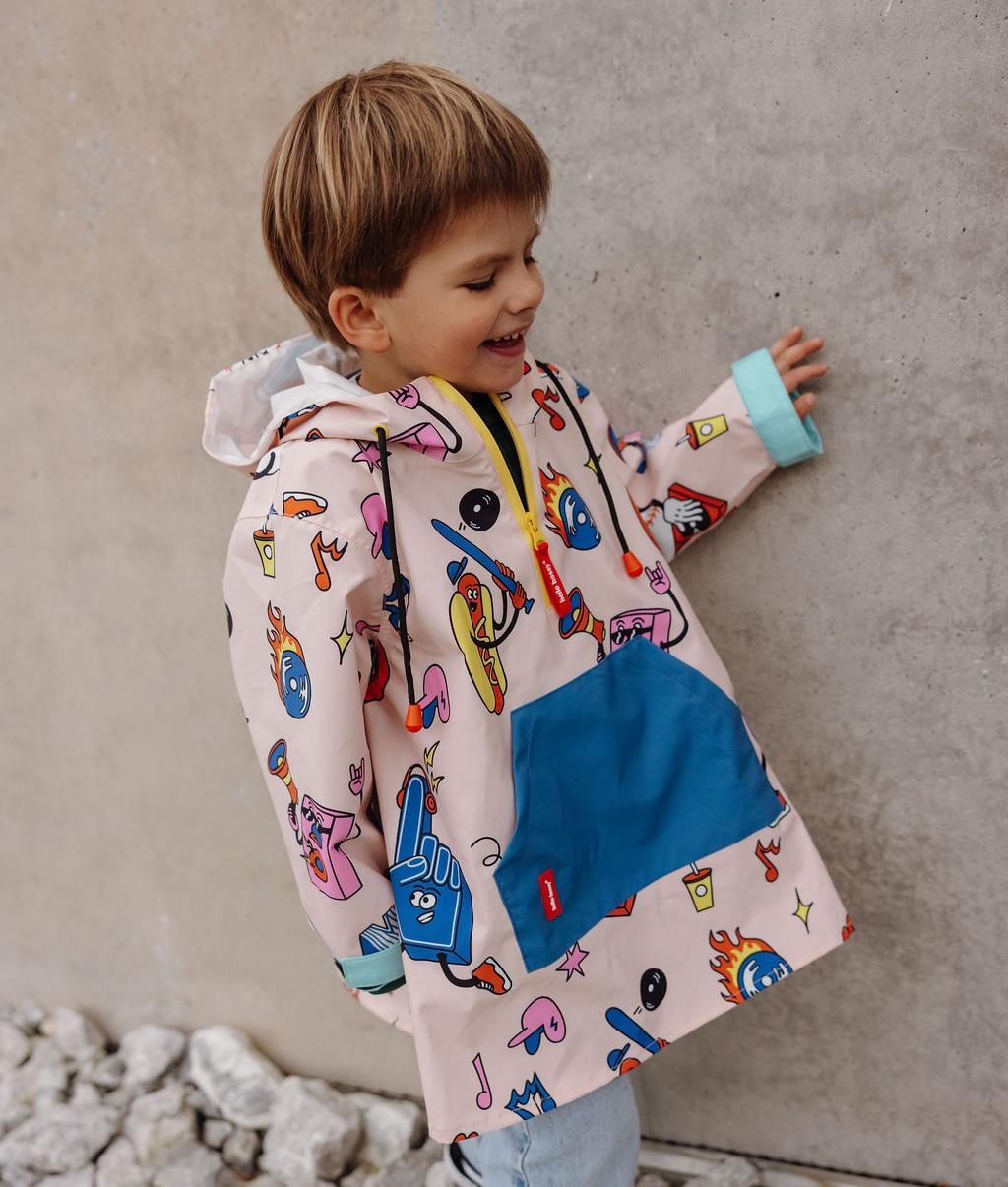 Children's cream blue red Sport pattern rain poncho pockets Hello Hossy