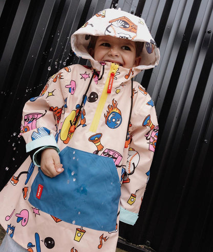 Children's rain poncho cream Sport patterned blue zipped pocket Hello Hossy